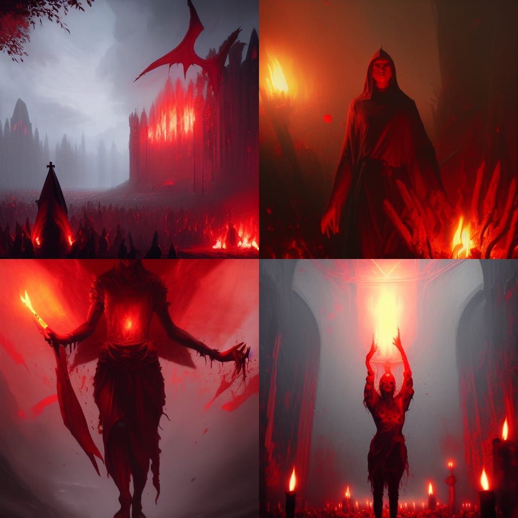 Satanic Cultist Blood Red Ritual Flame in Dark Fantasy Art