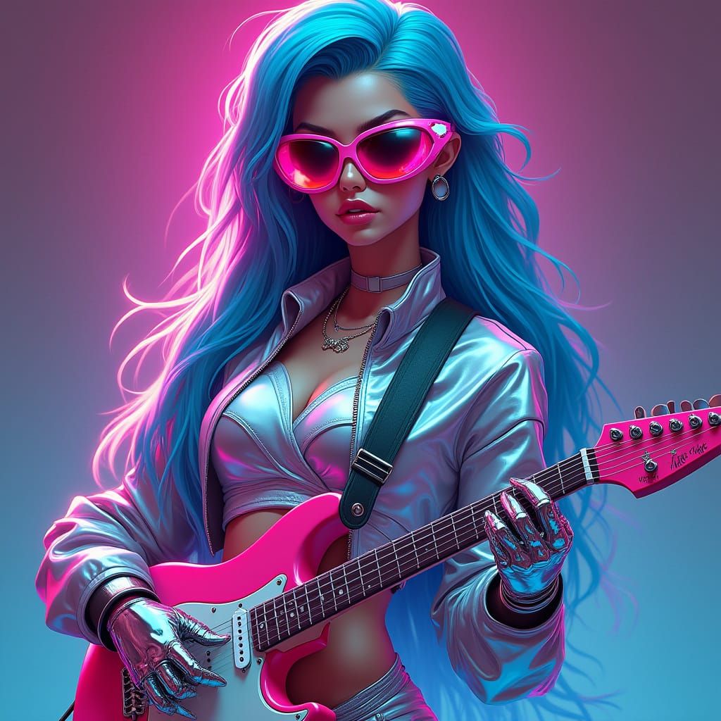 Cyberpunk Goddess with Neon-Lit Armor and Synthwave Style