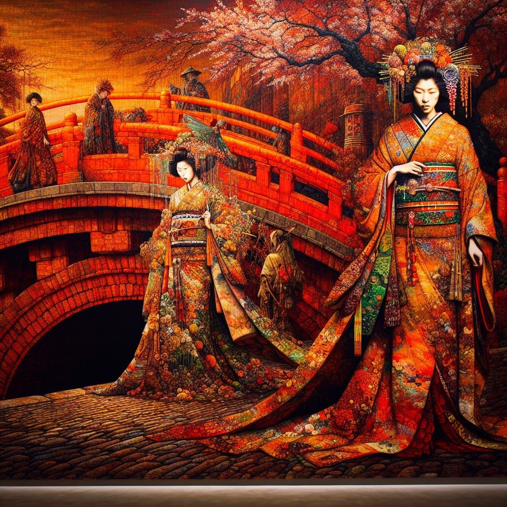 Japanese Princess in Kimono on Ancient Cherry Blossom Bridge