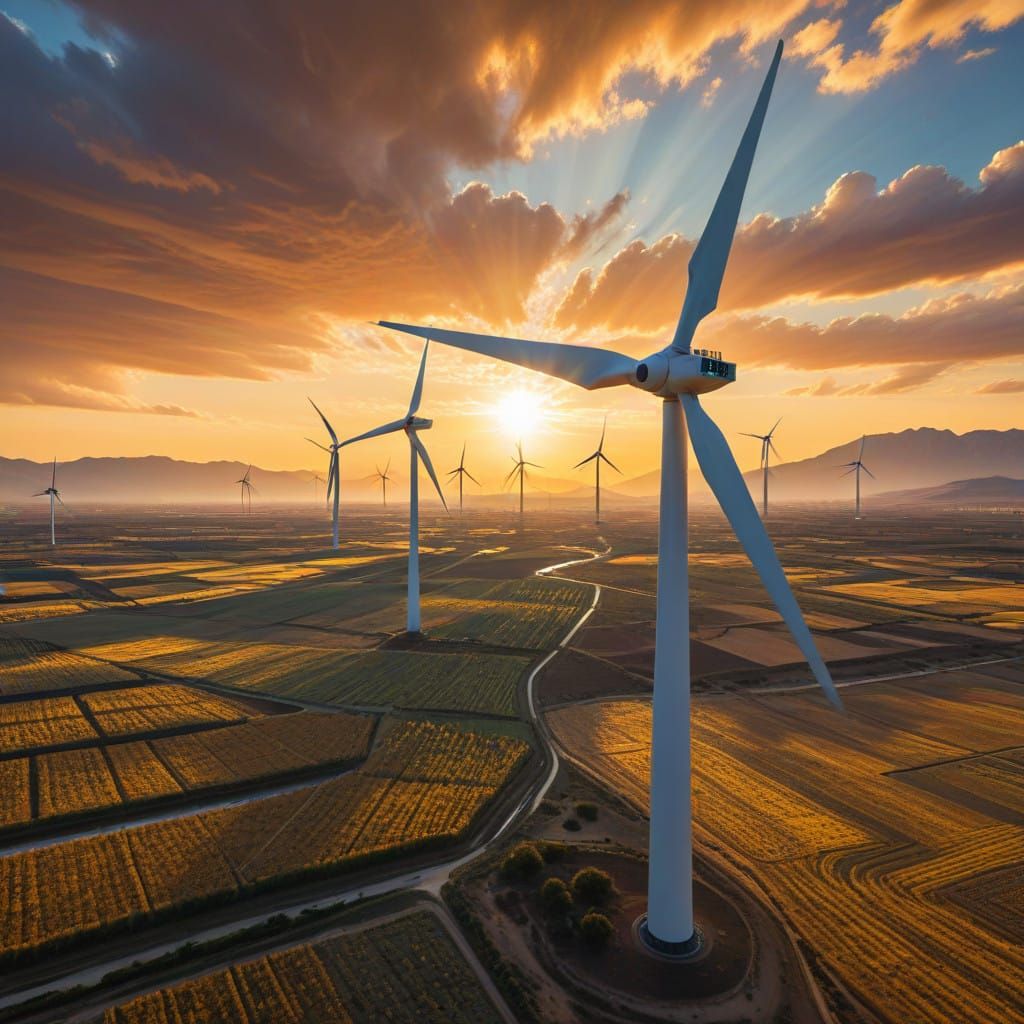 Vibrant Sunset Desert Oasis with Wind Turbines
