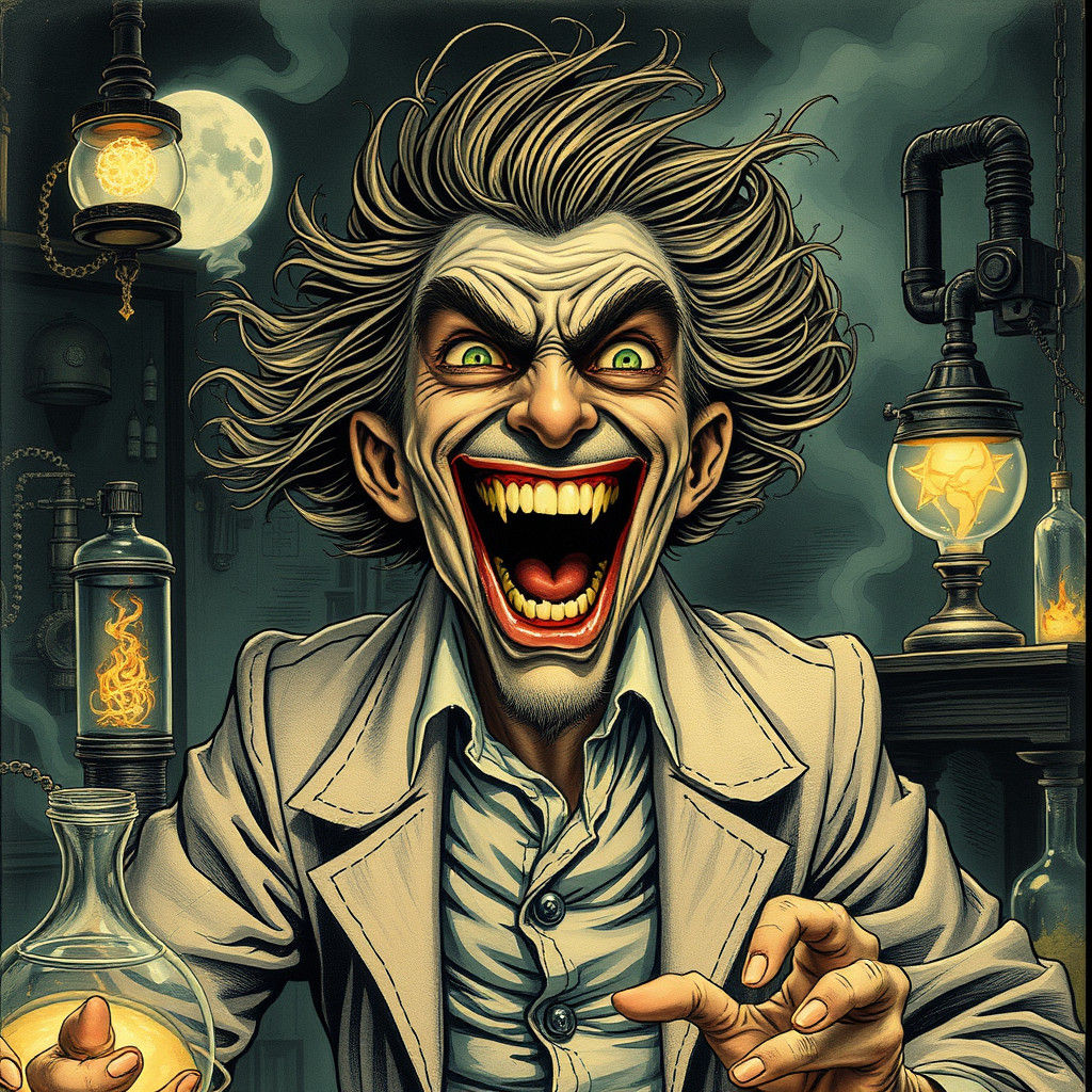 Mad Scientist Laughing in Eerie Laboratory, Classic Horror S...