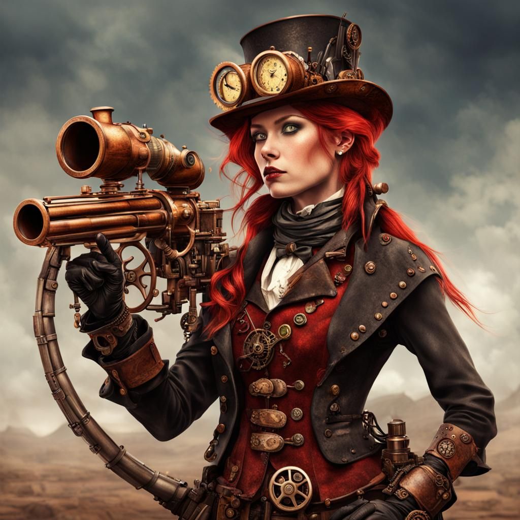Steampunk Redhead Gunslinger with Engine