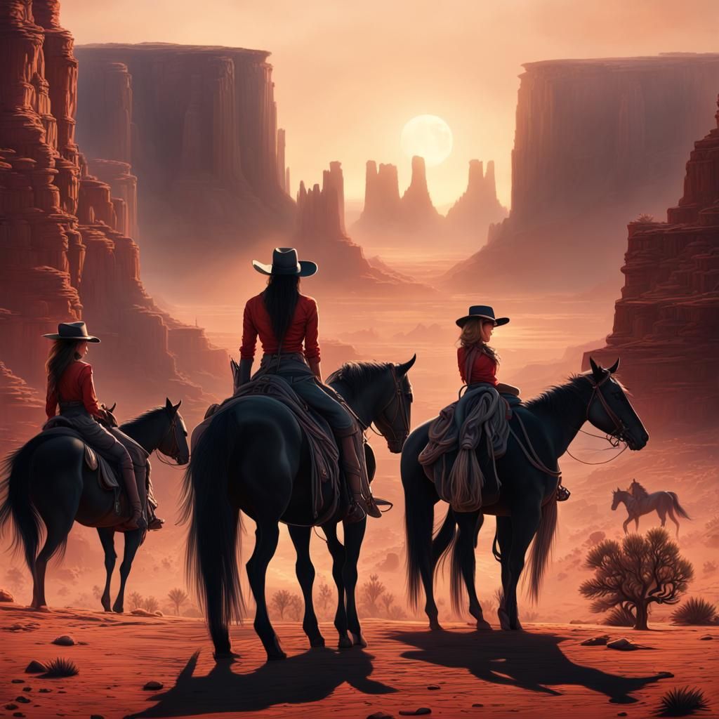 Futuristic Cowgirls in a Desert Canyon Landscape