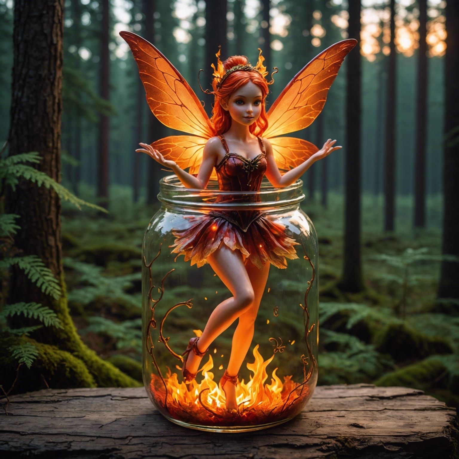 Fire fairy in a jar. Forest in the background.