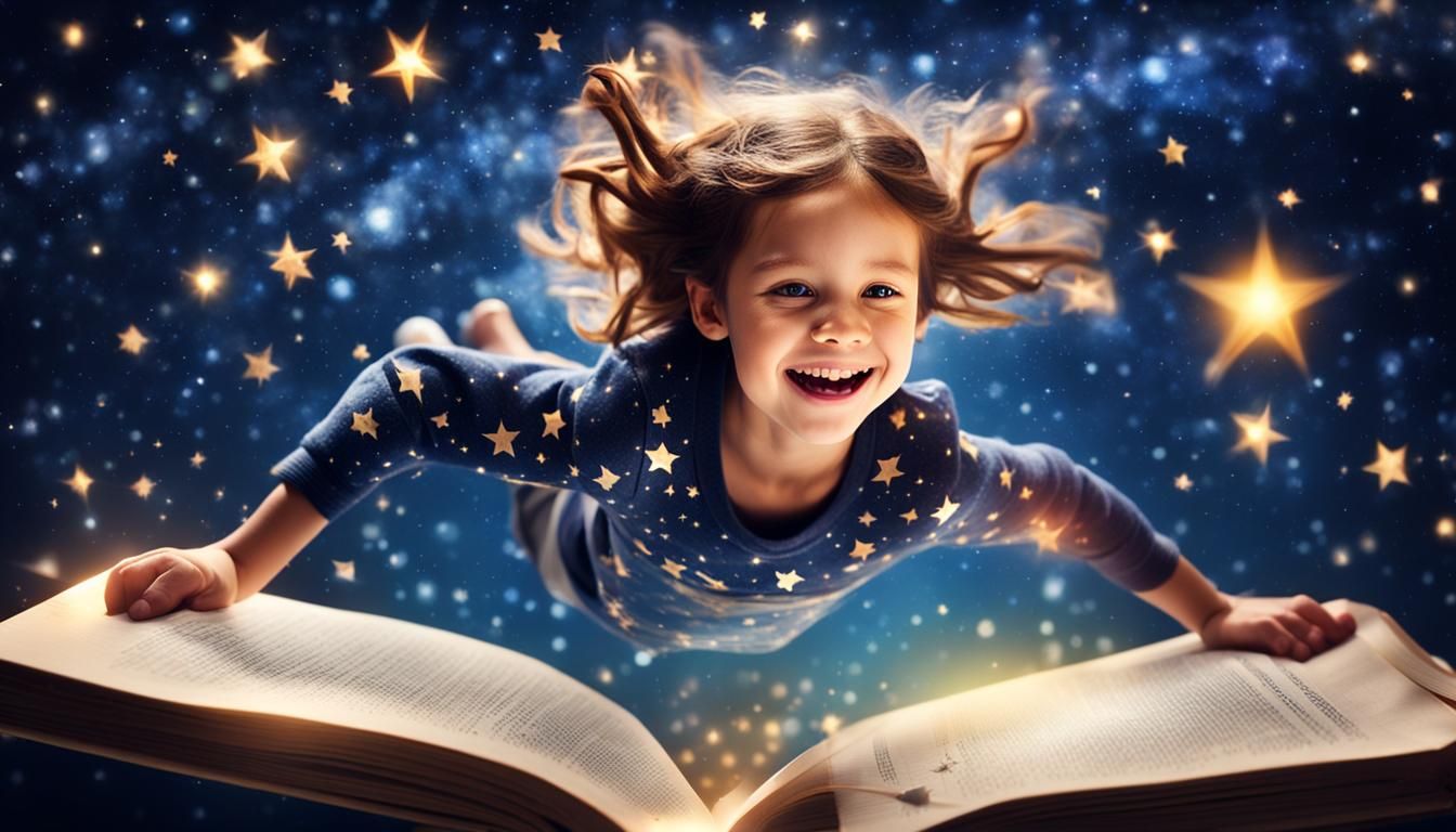 Girl Flies in Galaxy Over Open Book