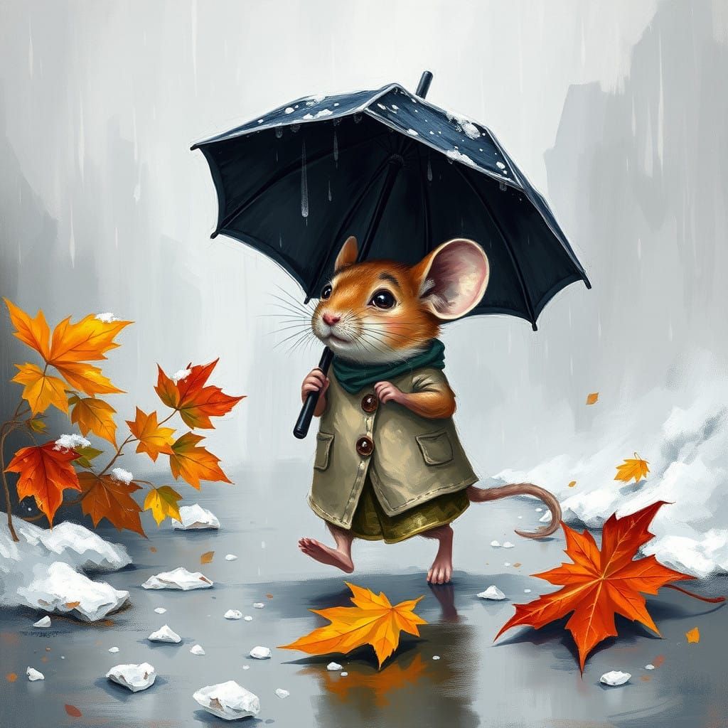Whimsical Mouse in Snowy Autumn Storm