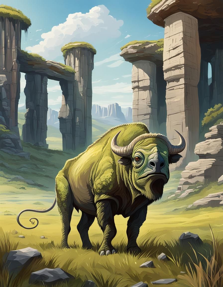 Buffalo Chameleon Hybrid Grazing in a Field