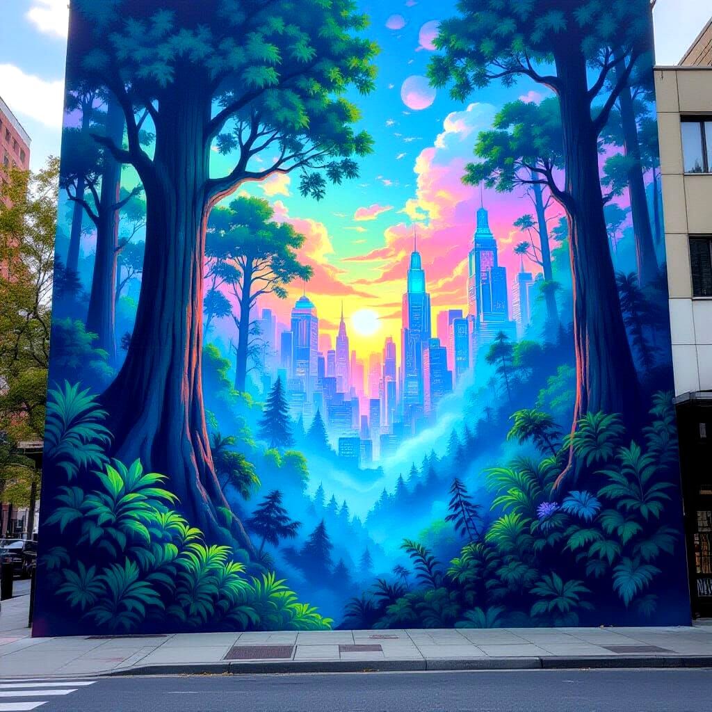 Neon City Meets Forest in Detailed Mural Art