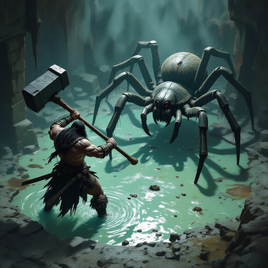 Barbarian Fights Giant Spider in Gothic Isometric Battle