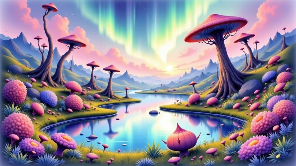 Alien Landscape Watercolor Painting of a Distant World