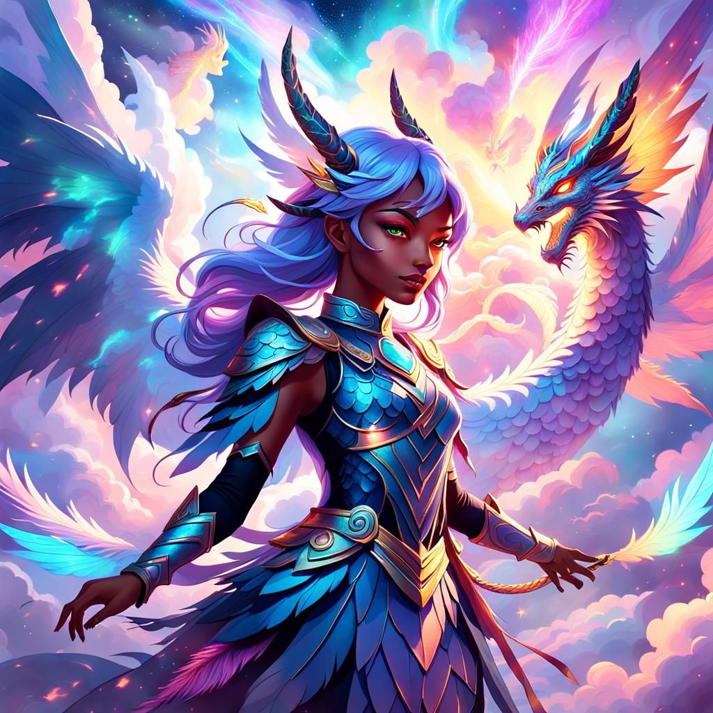 Cosmic Dragon Girl Saves Teens: Fantasy Illustration