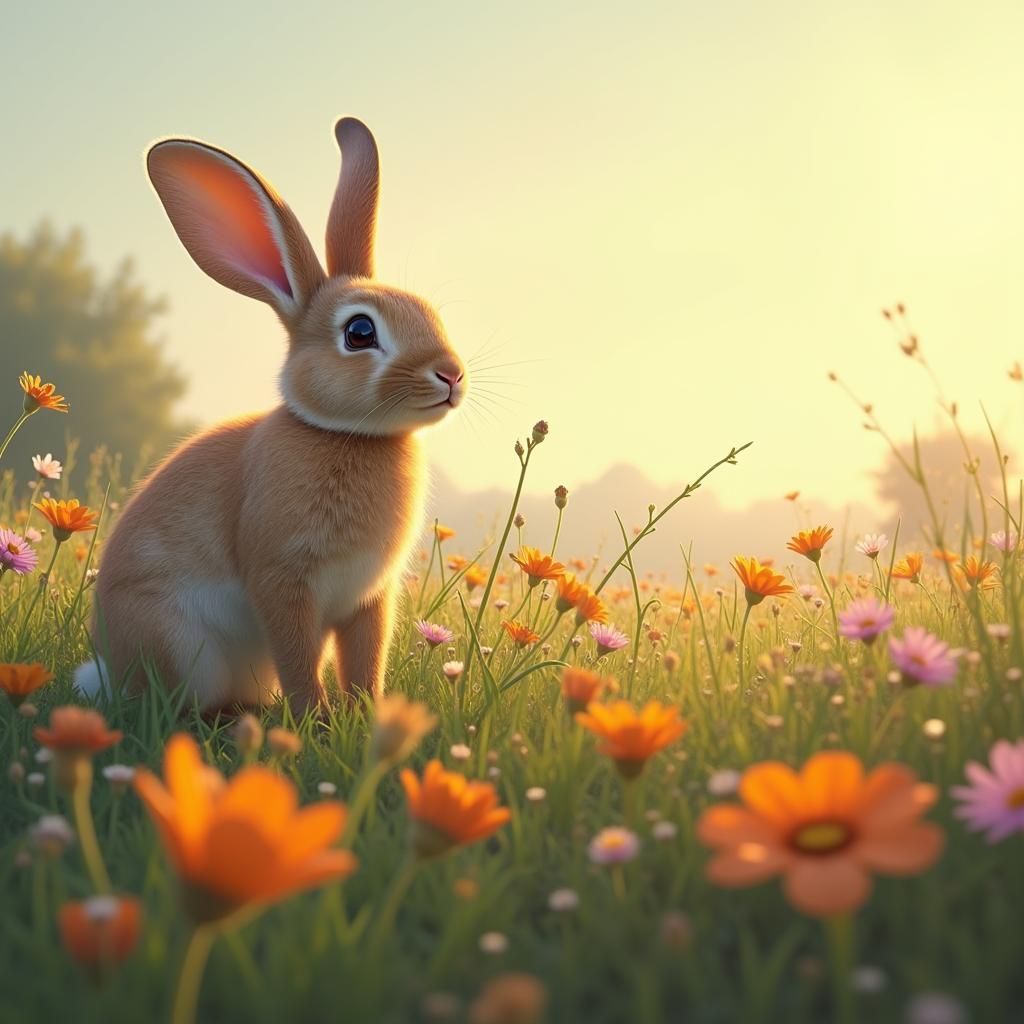 Rabbit Hopping in Wildflower Meadow, Hyperrealistic Illustra...