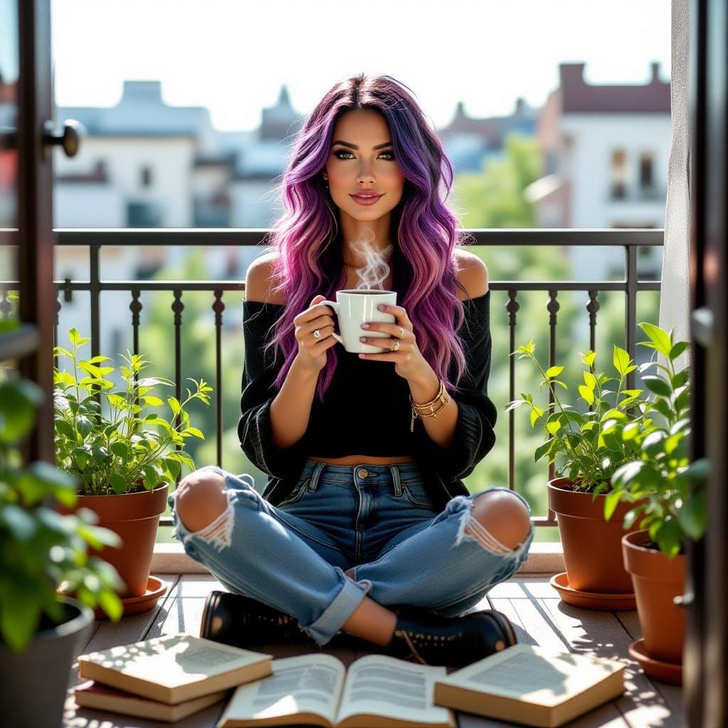 Modern Witch With Coffee on Balcony