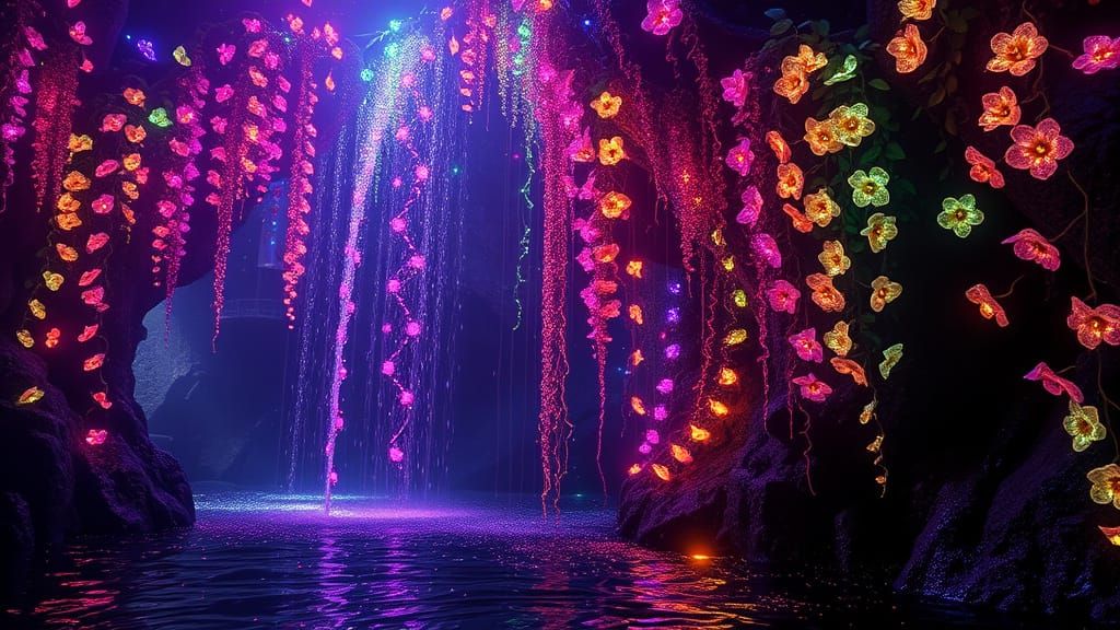 Vibrant Neon Bioluminescent Radiance in Hyperrealistic Stain...