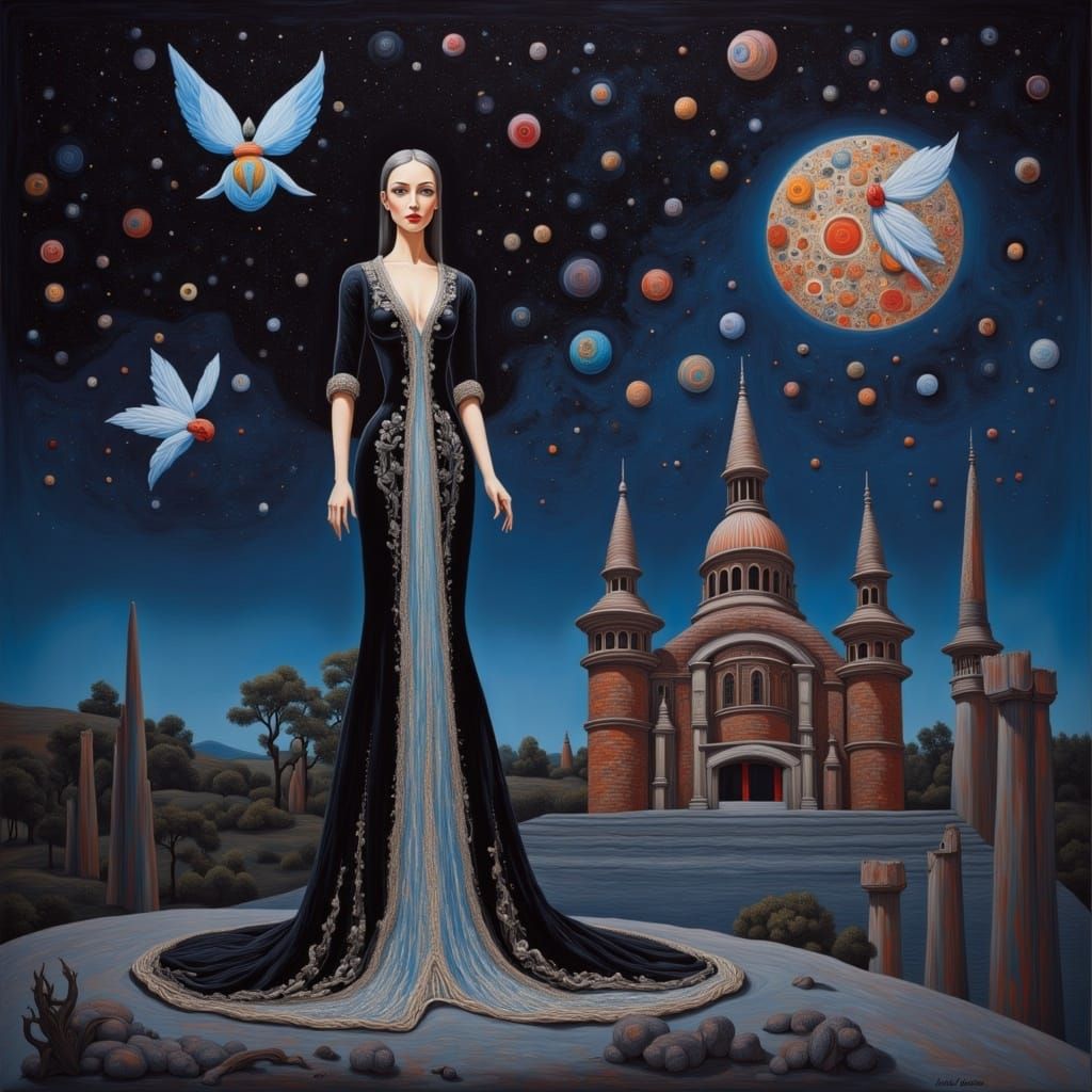 Gorgeous Female Figure in Front of a Castle under a Starry N...