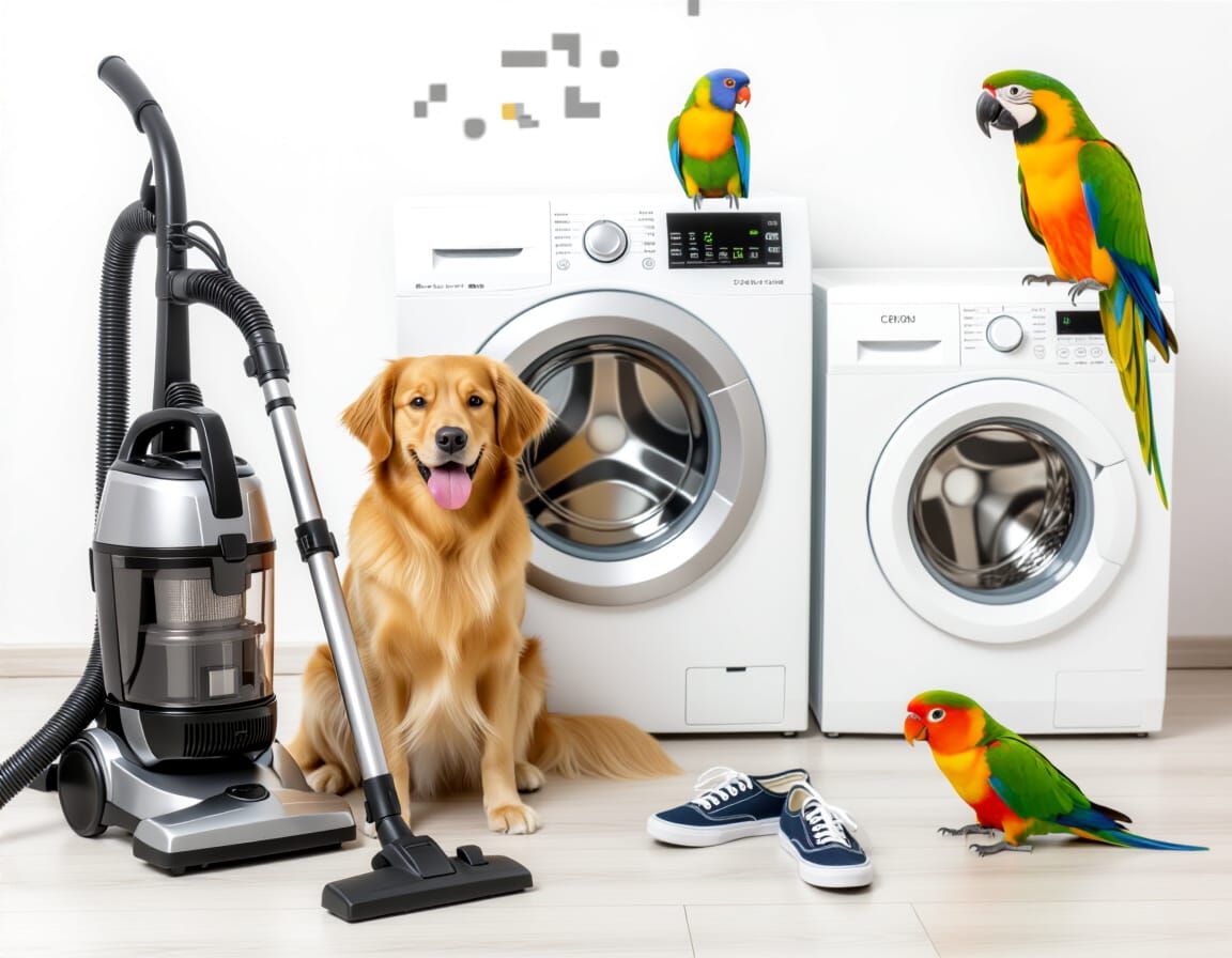 Whimsical Collage: Dog, Shoes, Parrots in Unexpected Setting...