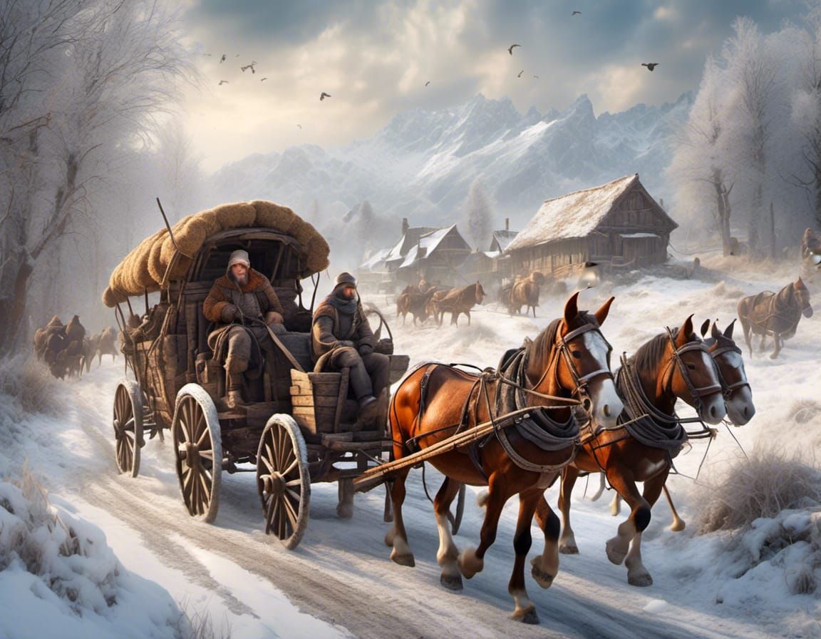 Medieval Wagons in Snowy Fields, Realistic Photo
