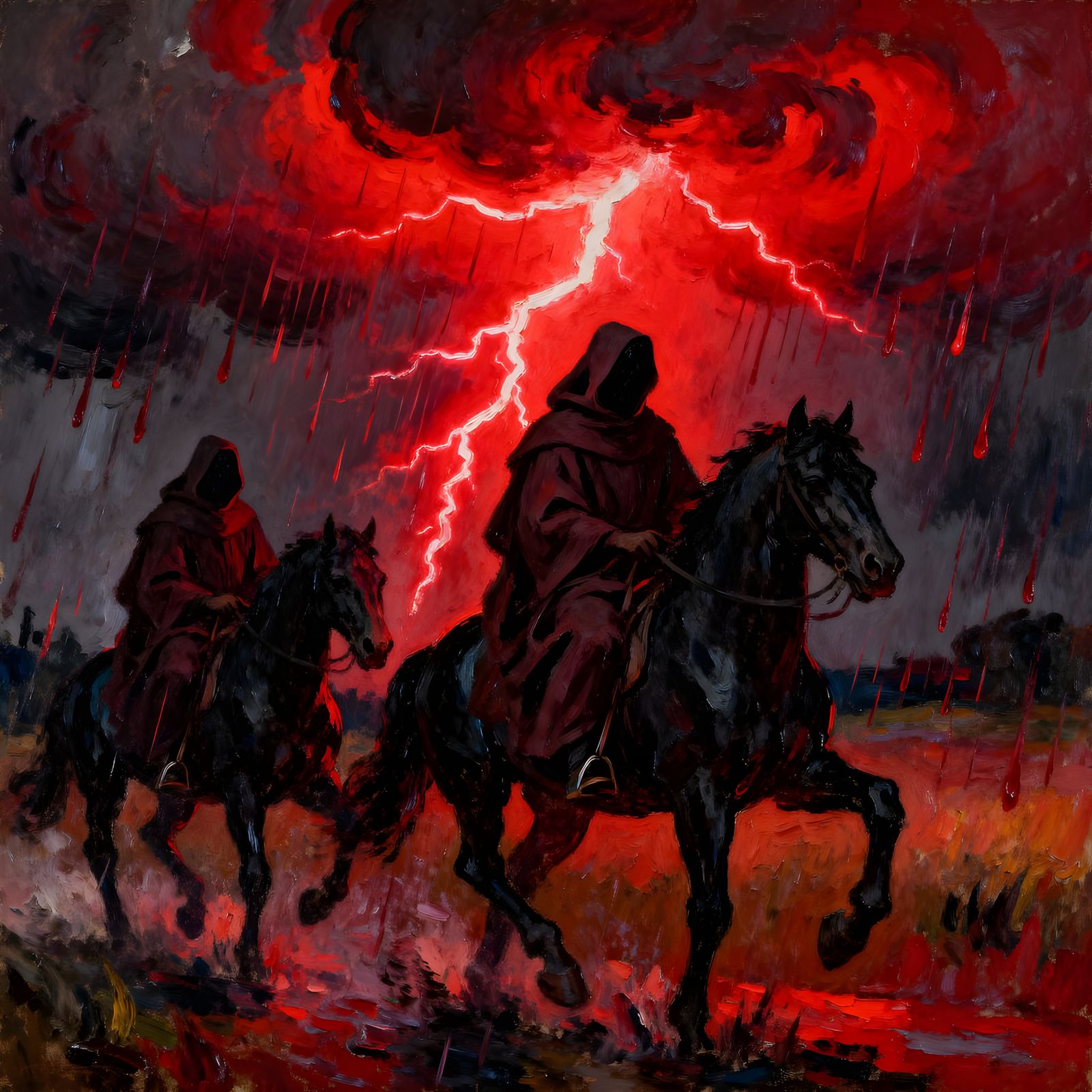 Monks Ride Through Crimson Storm in Expressionist Style