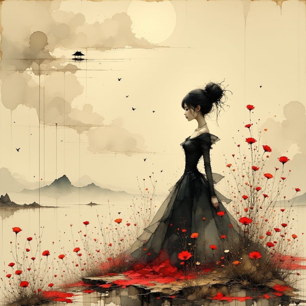 Elegant Woman in Minimalist Landscape, Renaissance Style