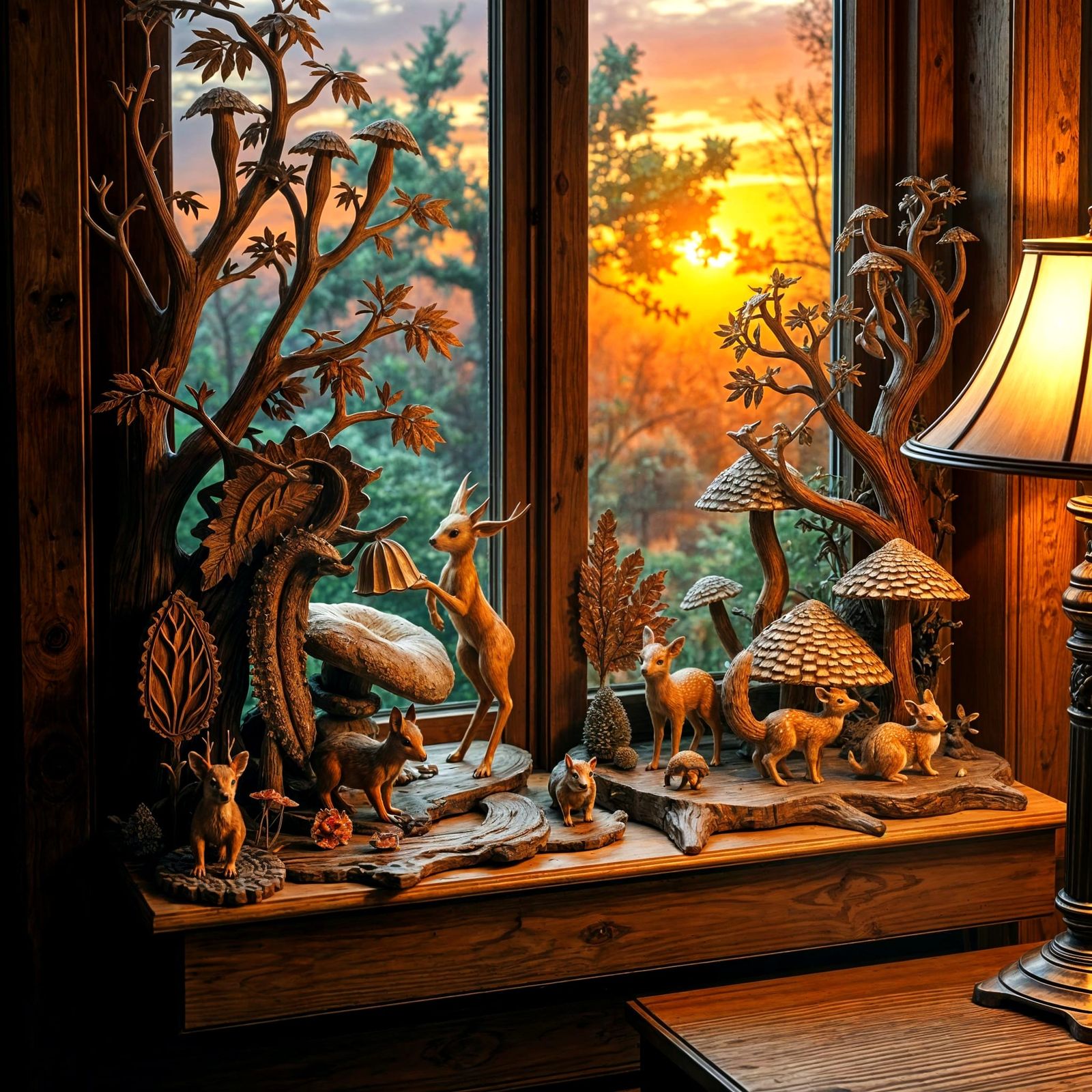 Wood-carved forest scene on windowsill