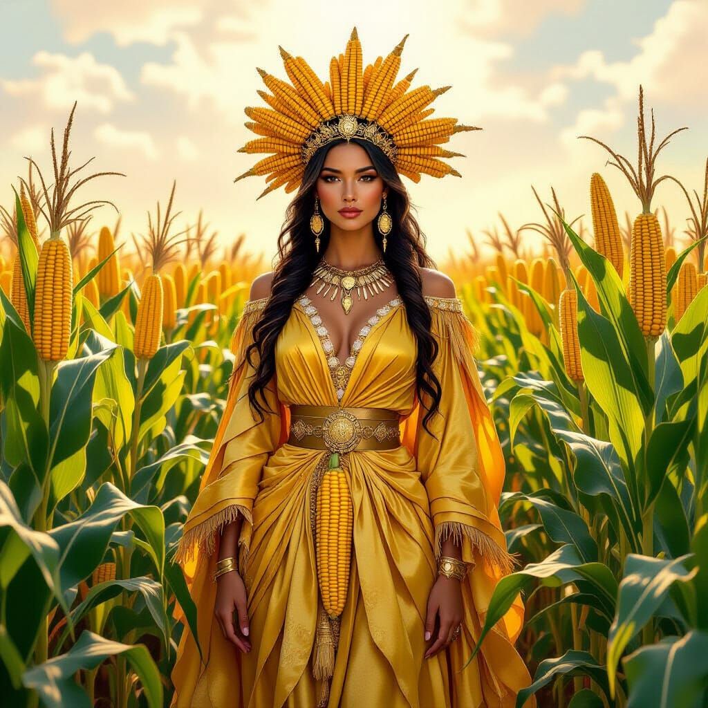Corn Goddess in Sunlit Cornfields