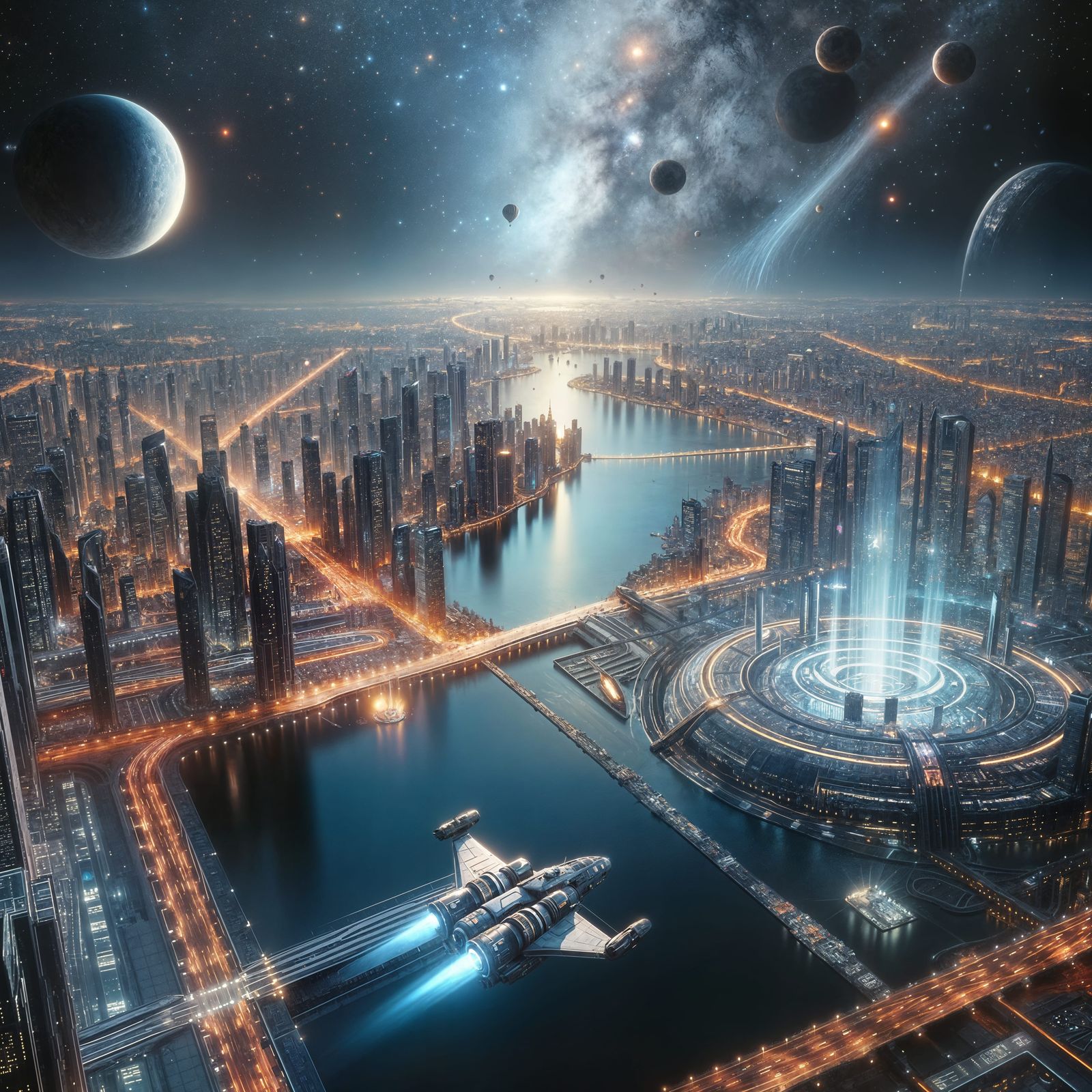 Futuristic Cityscape at Night as Matte Painting