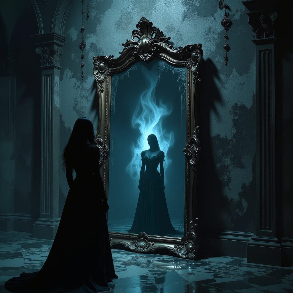 Antique Mirror Reflecting a Final Moment in Dark Surrealism