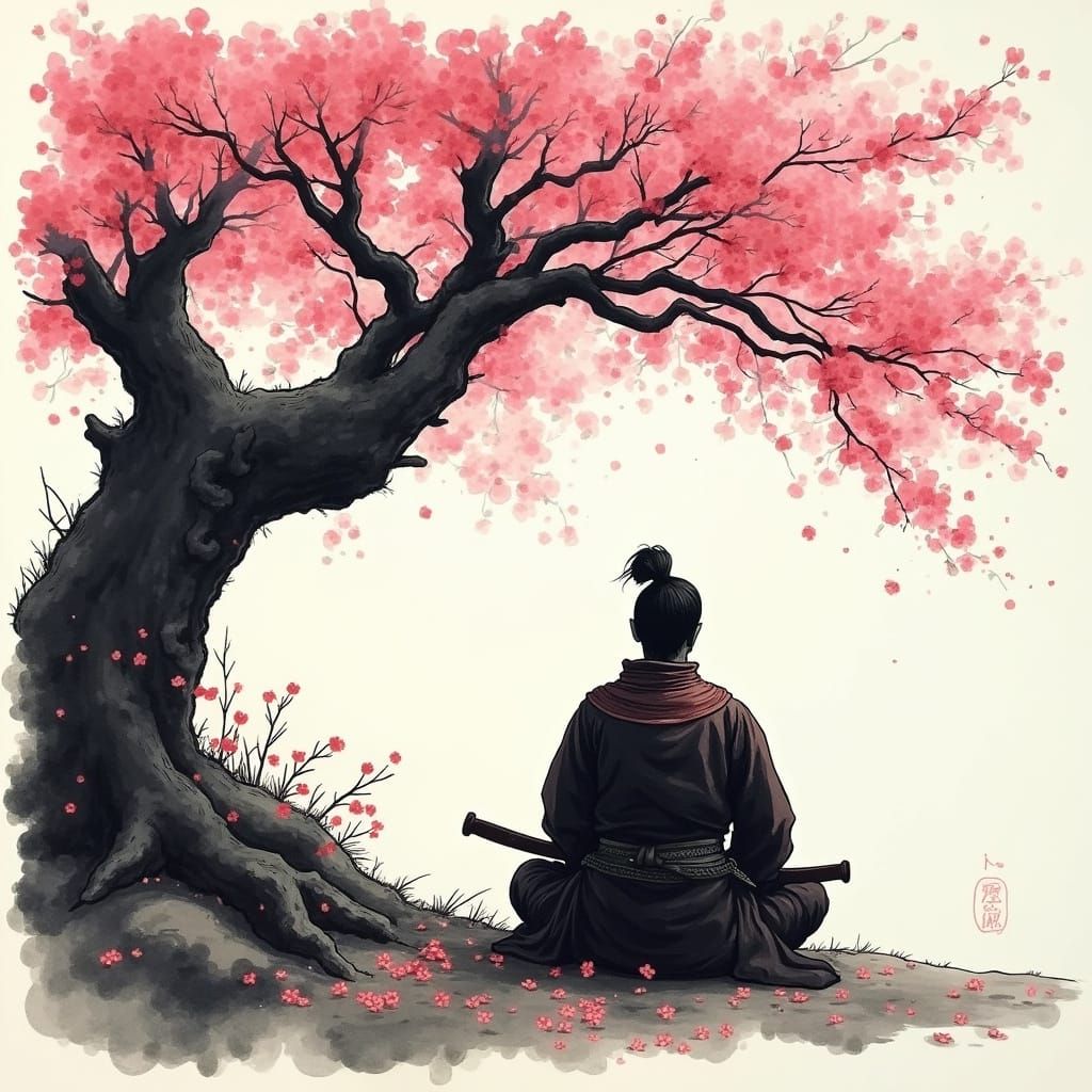 Samurai Meditating Under Cherry Blossoms in Ink Style