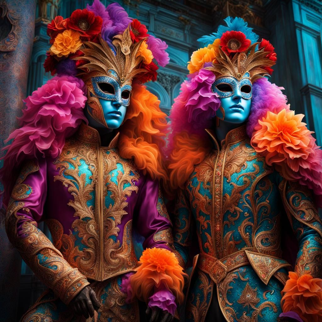 Bioluminescent Carnival Men in Venice, Detailed Digital Art