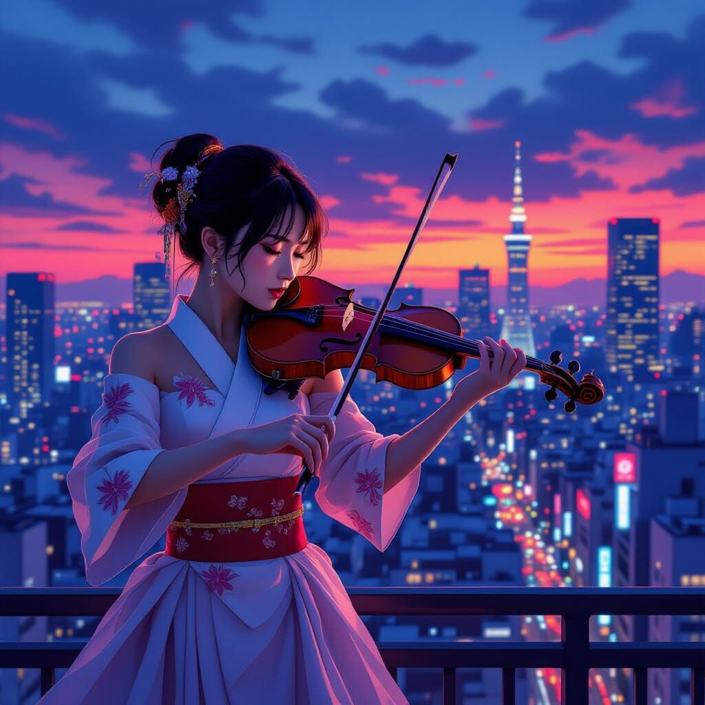 Futuristic Japanese Violinist in Neon Tokyo