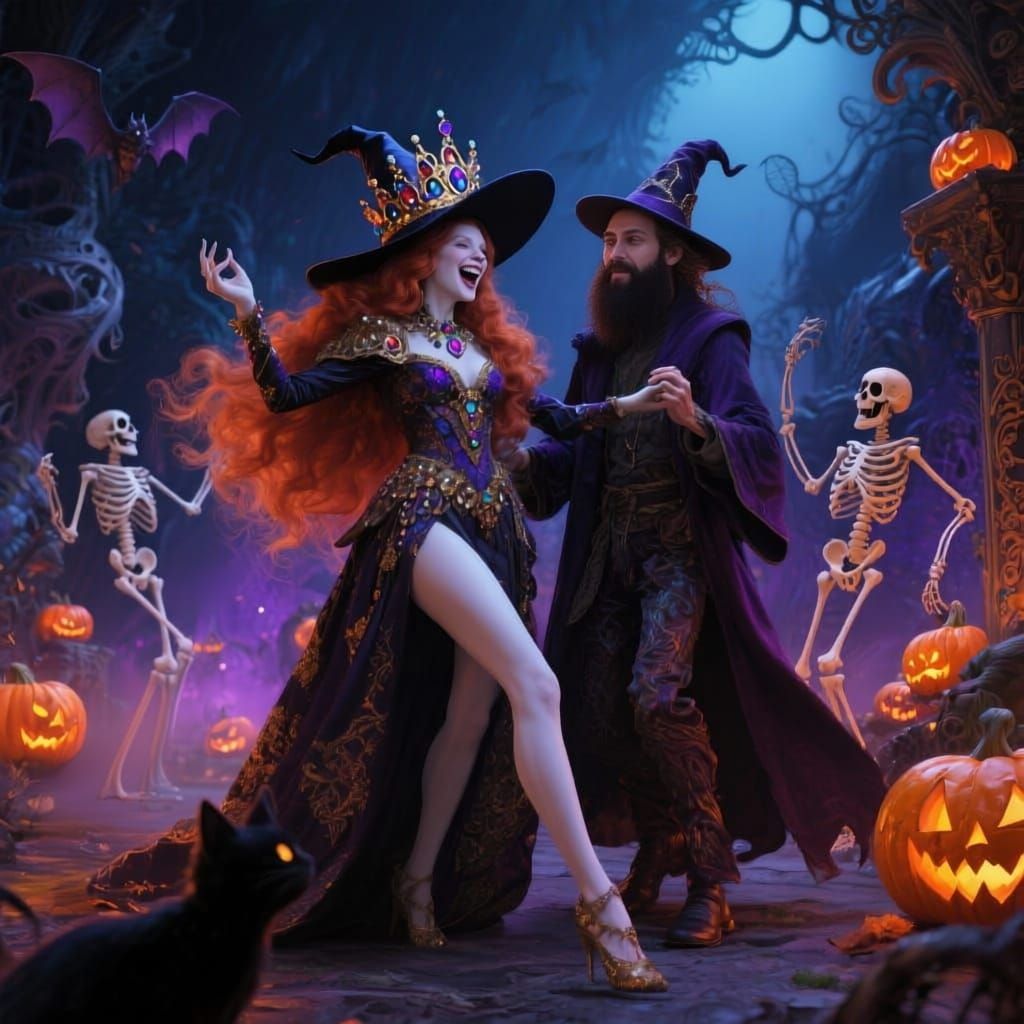 Halloween Witch Queen Dances With Wizard Amidst Skeletons