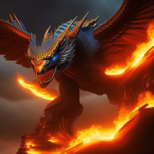 Majestic Fire Dragon Soaring Through Stormy Skies