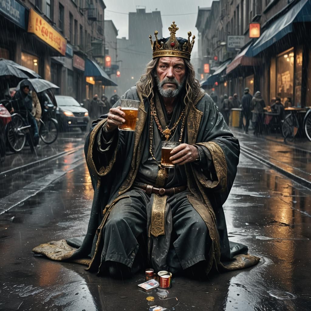 Homeless King Drinks on Rainy Street: Digital Matte Painting