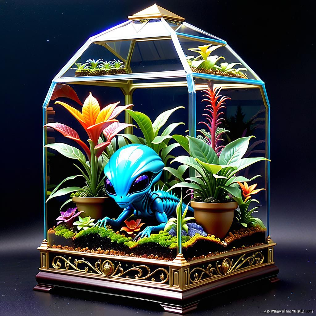 Alien Terrarium with Blue Alien in Fantasy Art Style