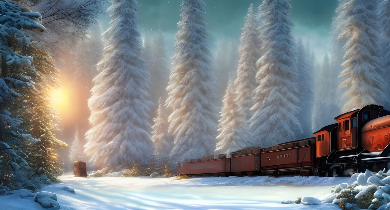 Magical Winter Forest Landscape with Train