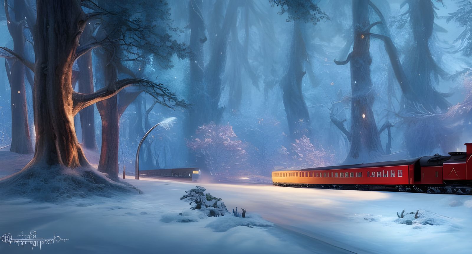 Magical Winter Forest Landscape with Train