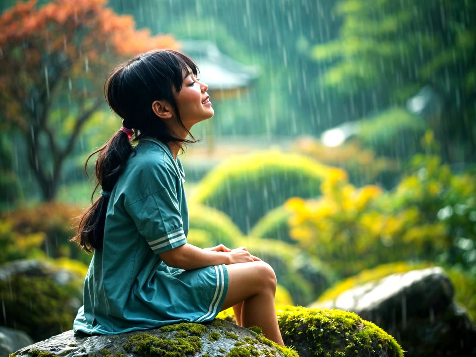 Smiling Schoolgirl in Rainy Zen Garden
