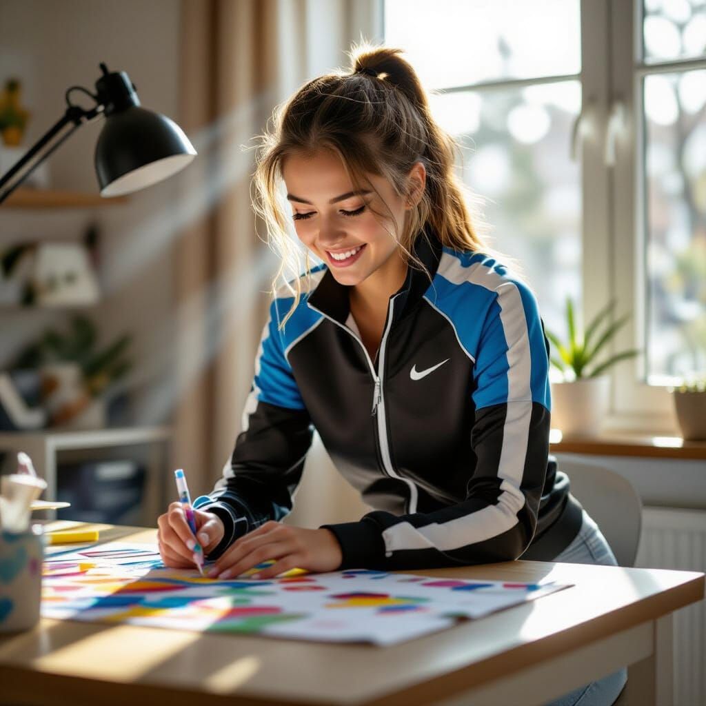 Athletic Girl Crafts Joyfully in Sunlit Room