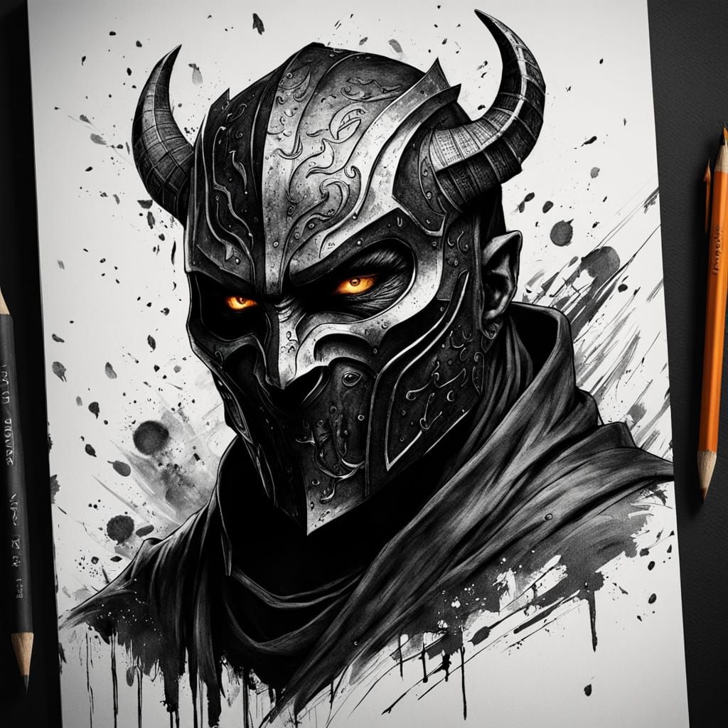 demon ninja, black fire magic,magic runes, ancient magi use, text description, golden cape,Sketch book, hand drawn, dark...