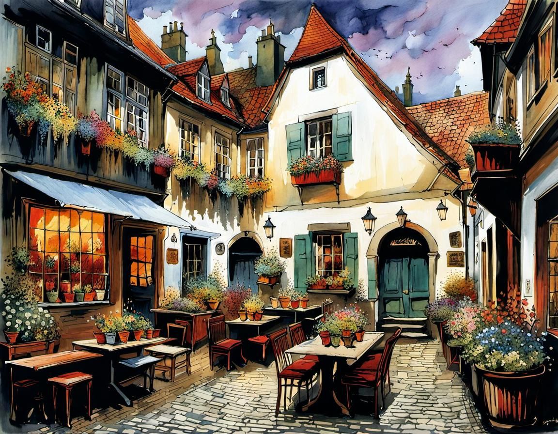 Whimsical German Old Town Courtyard Scene in Vibrant Detail