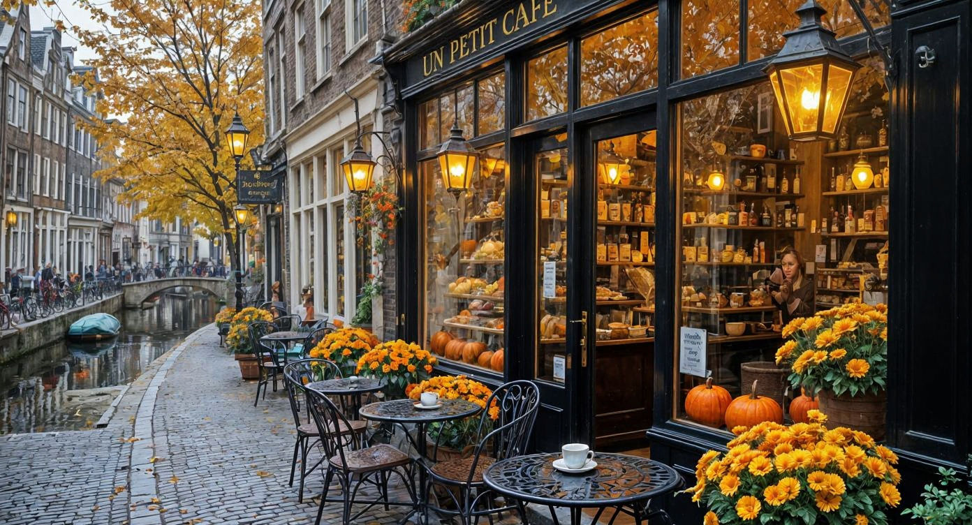 Cozy Autumn Coffee Shop on Cobblestone Street