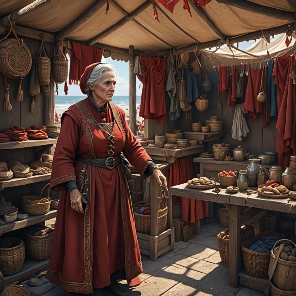 Medieval Shopkeeper at Seaside Stall, Detailed Matte Paintin...