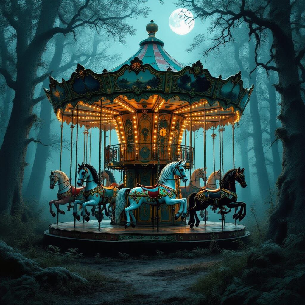 Enchanted Forest Carousel With Chimeric Clockwork Creatures