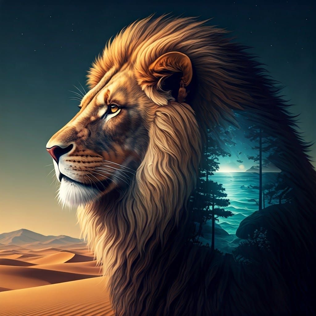 Lion's Profile in Desert Sunset