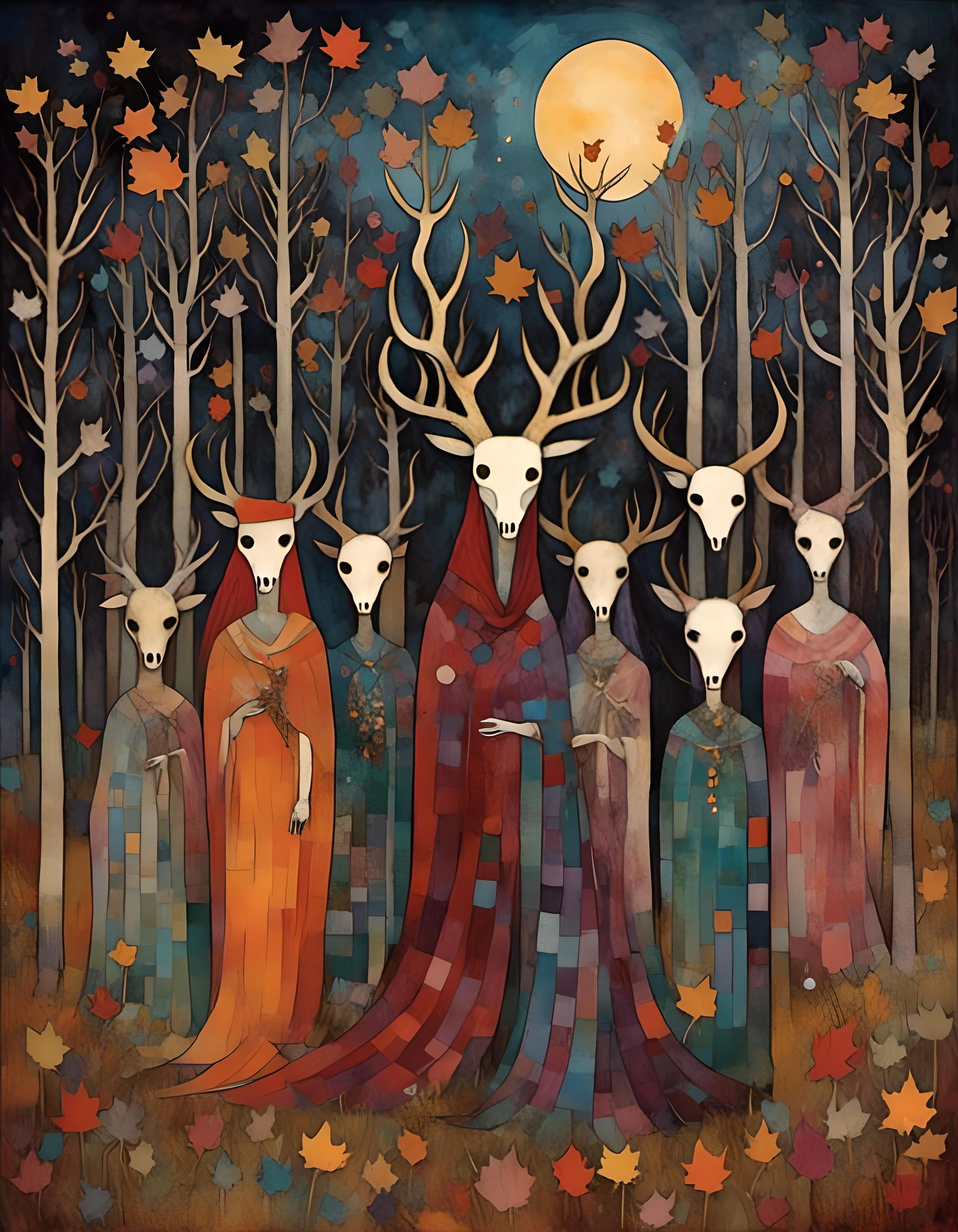 Sinister Druids Reaching for Stars in Gothic Scene