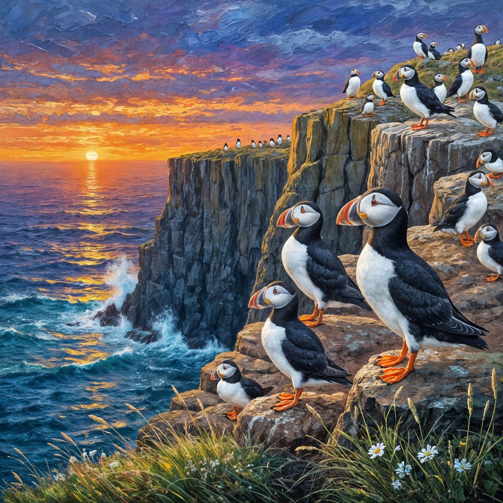 Impressionist Seascape: Atlantic Puffins on Cliffs
