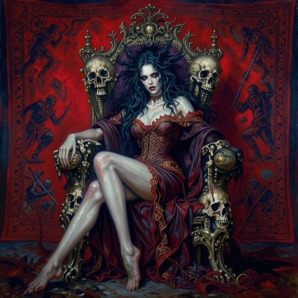 Gothic Horror Oil Painting of a Temptress on Bone Throne
