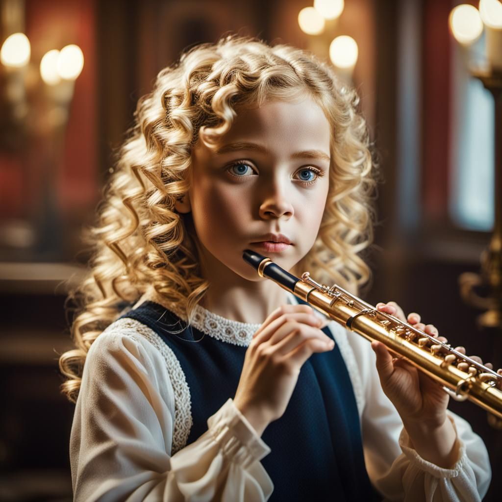 Blonde Girl Plays Flute in Hyper-Realistic Portrait