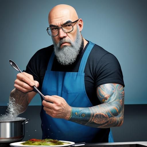 Hyperrealistic Cook Prepares Fish in Colorful Kitchen