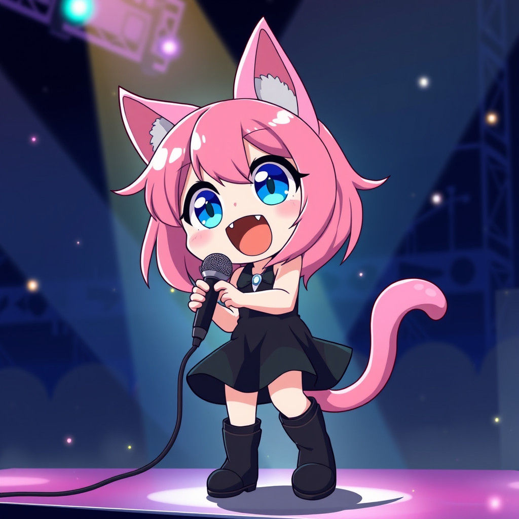 Anime Catgirl Singing on Concert Stage at Night